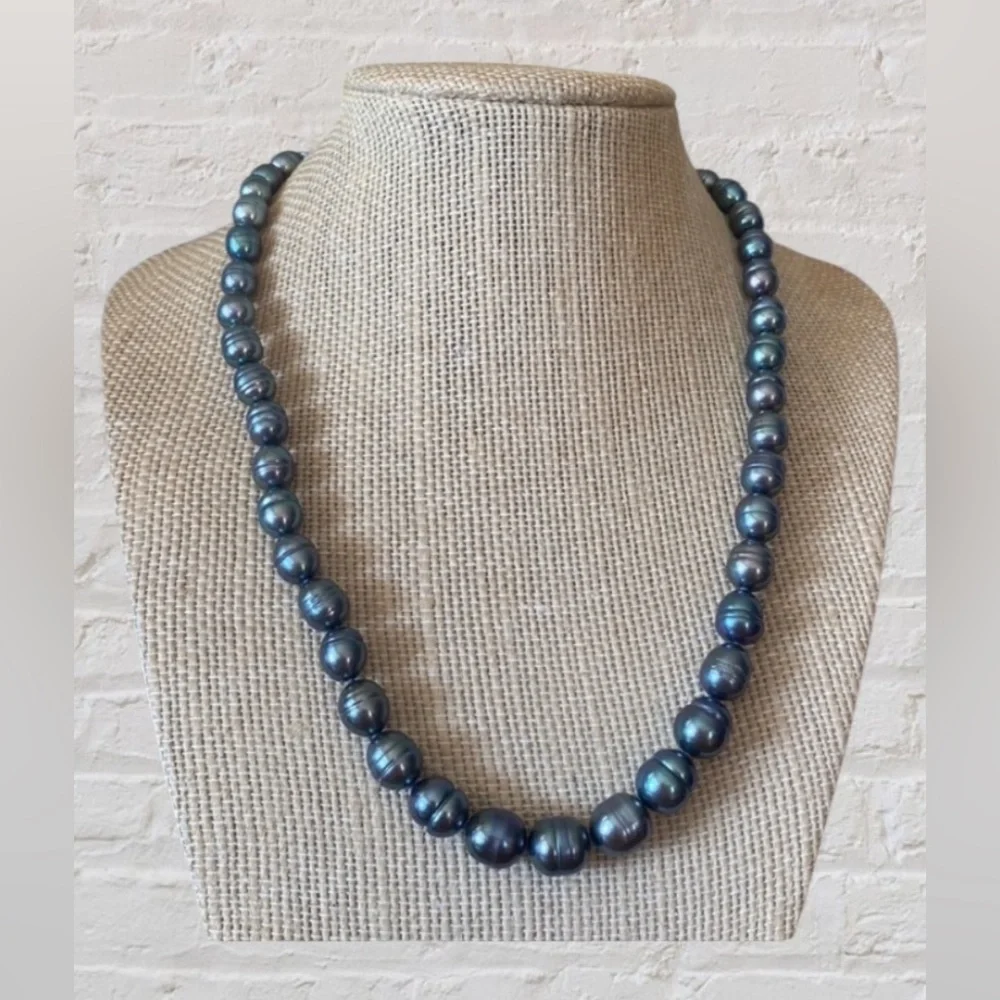 Freshwater Cultured Peacock Blue Gray Pearl Necklace SS925 New In Box